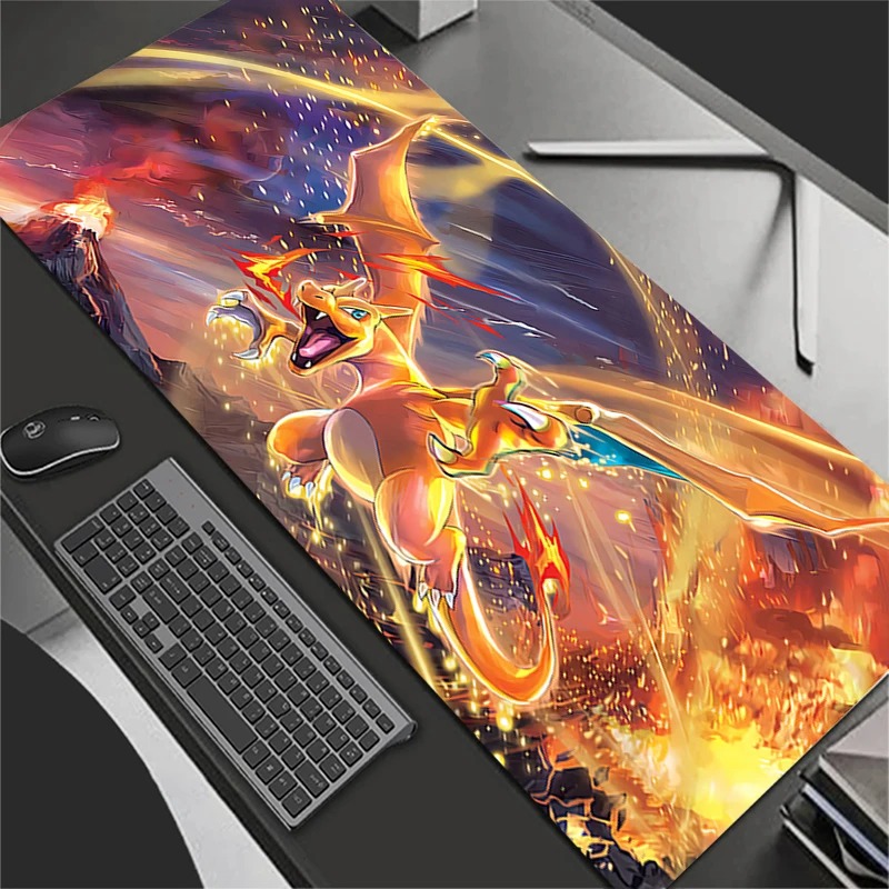 Tech Gaming Accessories - แผ่นรองเมาส์อะนิเมะอุปกรณ์เสริมสำหรับเล่นเกมขนาดใหญ่พรมเกมเมอร์พีซีคอมพิวเตอร์สำนักงานแล็ปท็อปคีย์บอร์ดแผ่นรองโต๊ะพี-โปเกมอน ชาริซาร์ด แผ่นรองเมาส์