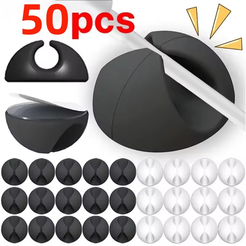 Desk Cable Clip - คลิปหนีบสายไฟ 5/50 ชิ้น ที่เก็บสายชาร์จแบบกลม ที่จัดระเบียบสายไฟบนโต๊ะทำงาน ที่ยึดสายไฟแบบมีกาว