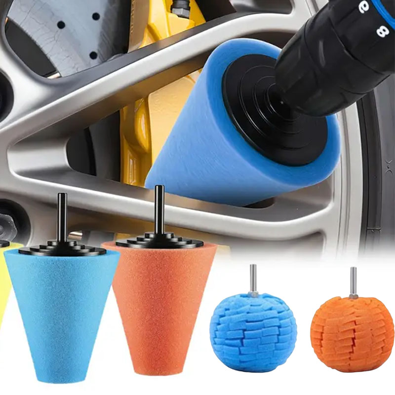 Tech Car Accessories - ชุดแผ่นขัดเงารถยนต์ ฟองน้ำขัดเงา แผ่นขัดเงาทรงกรวยโลหะ ลูกบอลขัดเงาสำหรับทำความสะอาดล้อแม็กซ์ อุปกรณ์ดูแลรักษารถยนต์